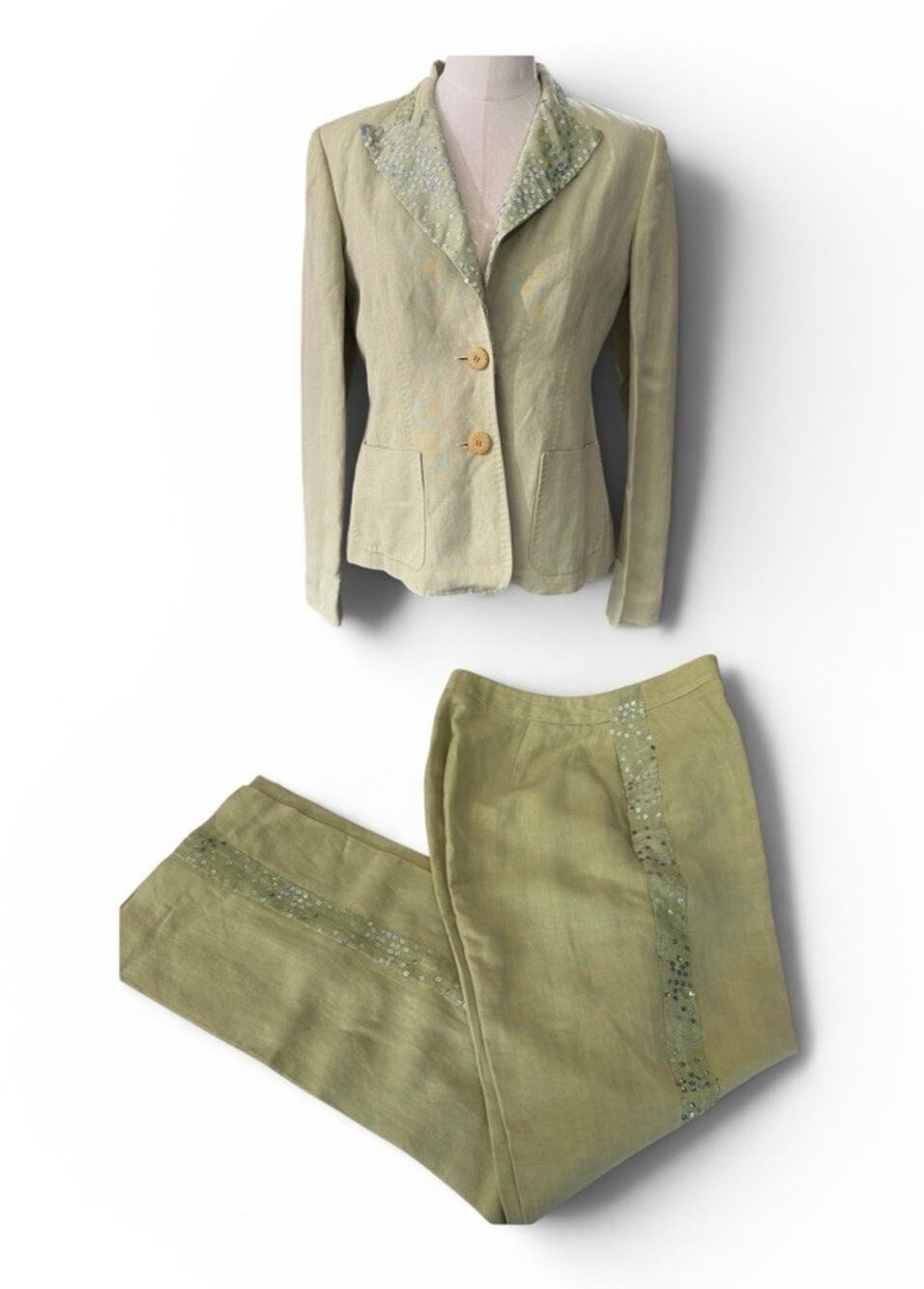 Kate Hill Women's Linen Blazer & Pants Suit Set Green Petite Mix Sizes 2P/4P